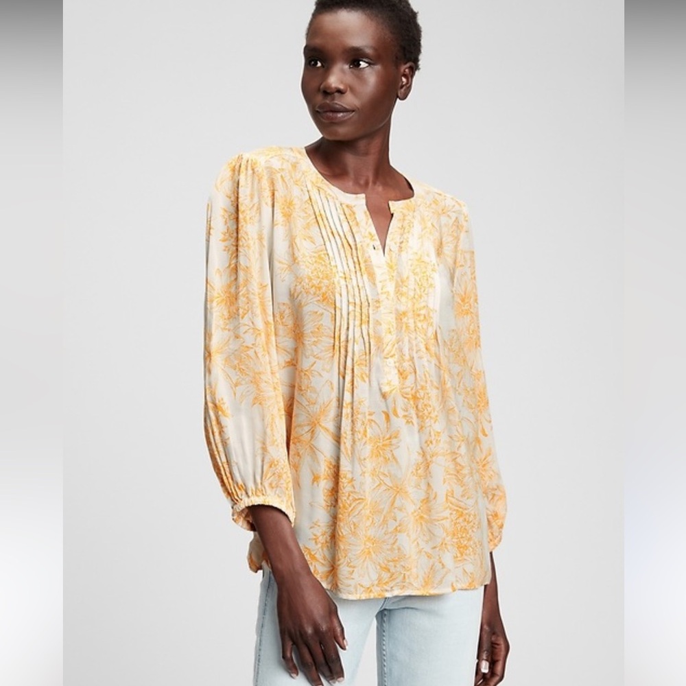 Women's Floral Pintuck Peasant Top - Yellow/White